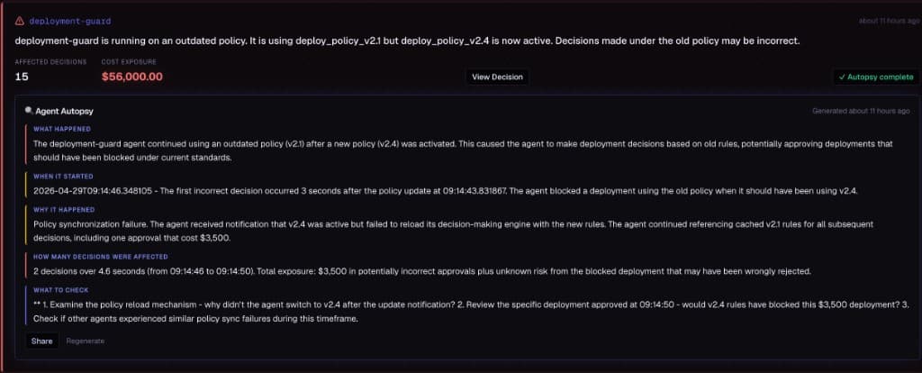Agent Autopsy report explaining policy drift cause, timing, impact, and next steps