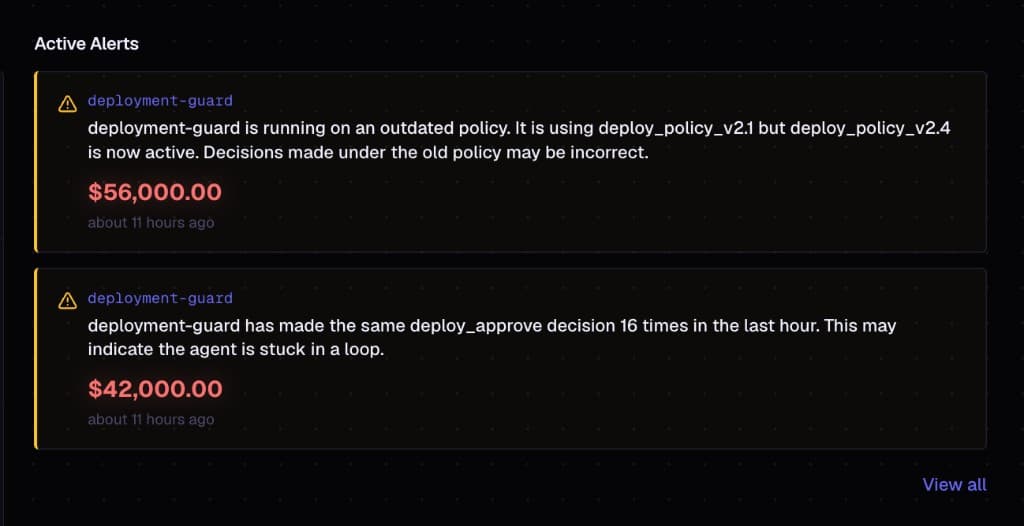 Active drift alerts showing policy drift and repetition drift exposure